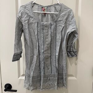 Johnny Was Embroidered Olive Green Top XS Boho Silk Blend Lace Tunic Spring